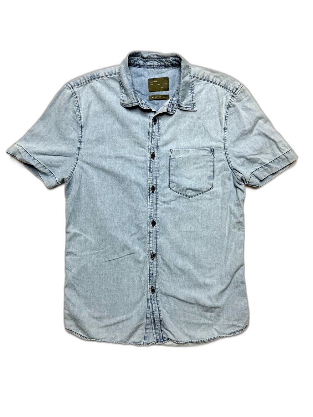 Zara Light Blue Short-Sleeve Denim Button-Up Shirt